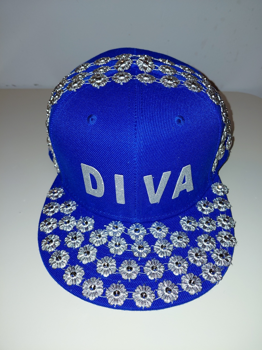 Diva Royal Blue Snapback Hat with Silver Floral Embellishments